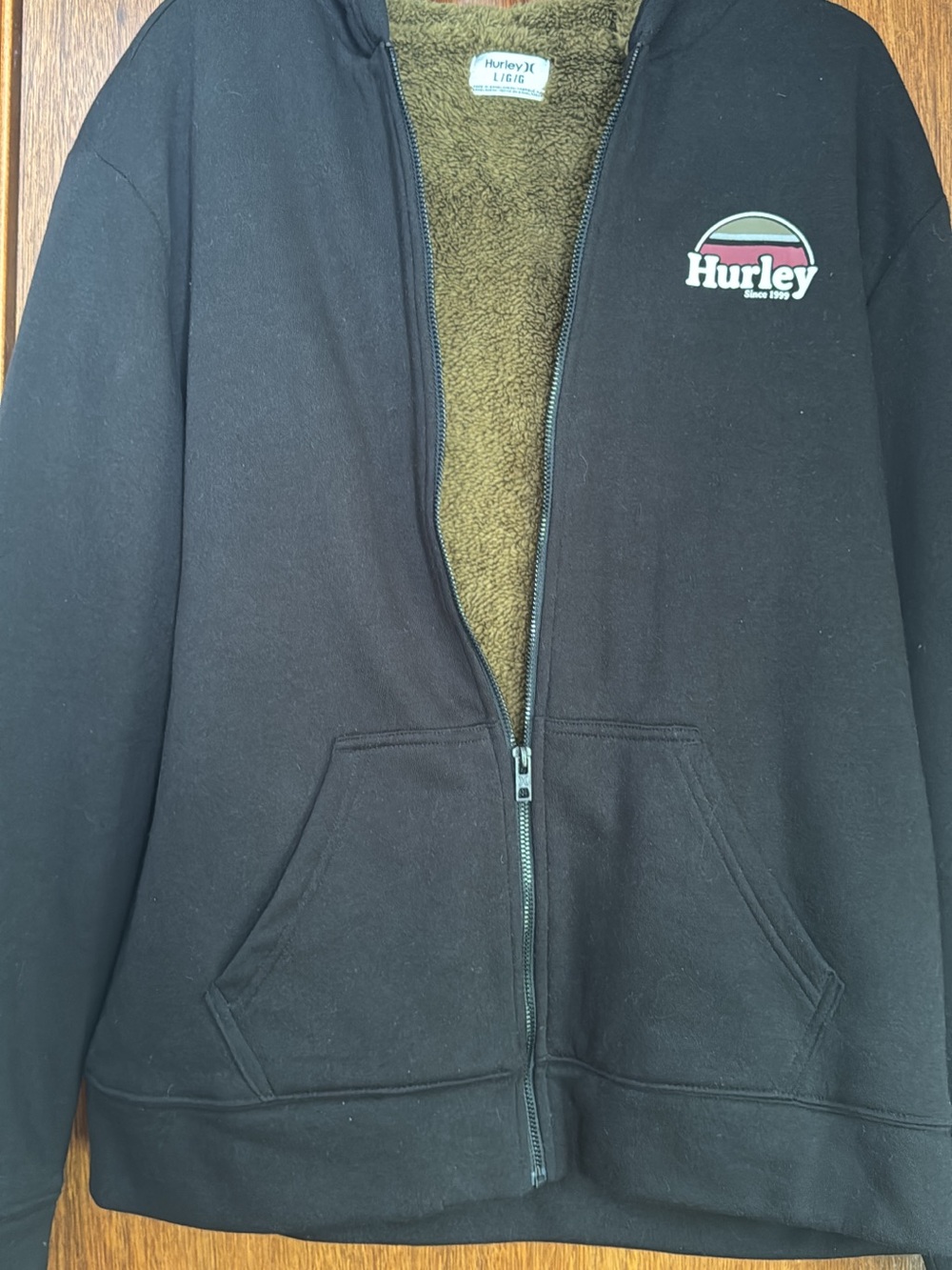 Hurley Black Zip-Up Puffer Jacket with Olive Sherpa Lining